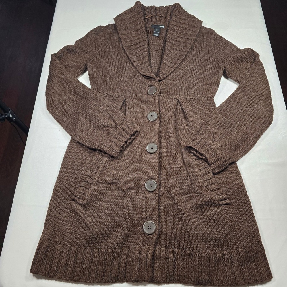 H&M Women Brown Shawl Collar Longline Button Front Cardigan Sweater Dress Size S